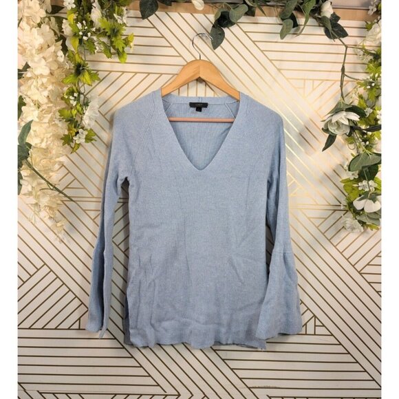 J.Crew Light Blue Wool Blend Knit Bell Sleeve Top Long Sleeve V Neck Solid Sz S - Picture 1 of 8